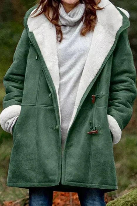 "Stylish women's fleece-lined hooded coat in various colors, ideal for warmth and casual elegance during cold months."