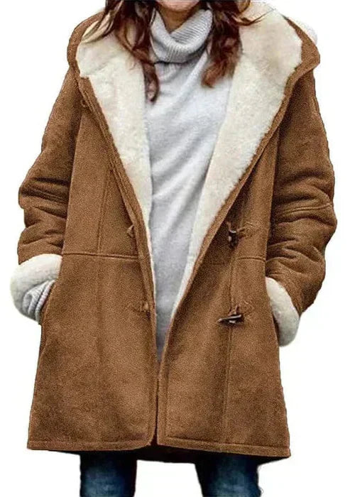 "Stylish women's fleece-lined hooded coat in various colors, ideal for warmth and casual elegance during cold months."
