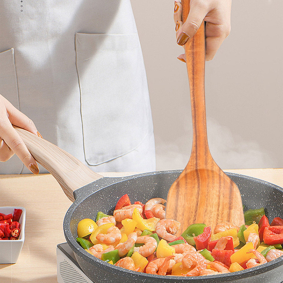 "Teak wood kitchen utensil set with non-scratch, polished finish; includes spoon, spatula, and colander, elegant design."