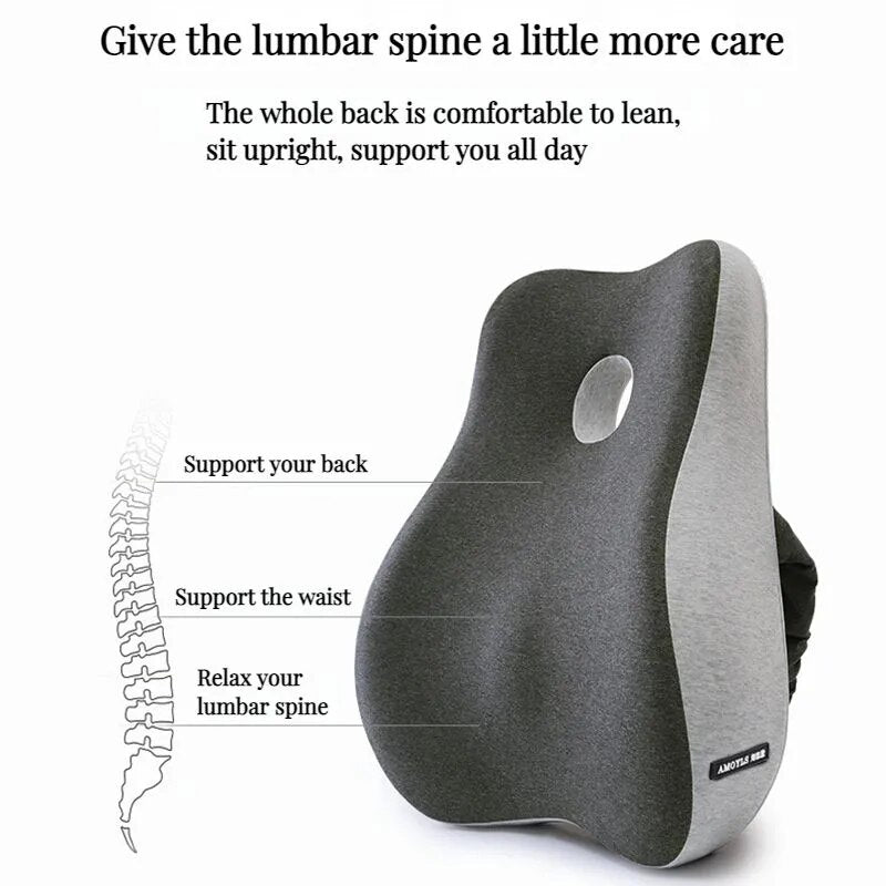 "Ultimate comfort lumbar pillow with memory foam providing ergonomic support for office chairs and car seats, promotes wellne