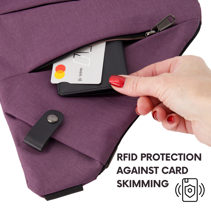 Unisex anti-theft RFID crossbody bag, multi-coloured, featuring sleek design, hidden pockets, and slash-resistant strap.