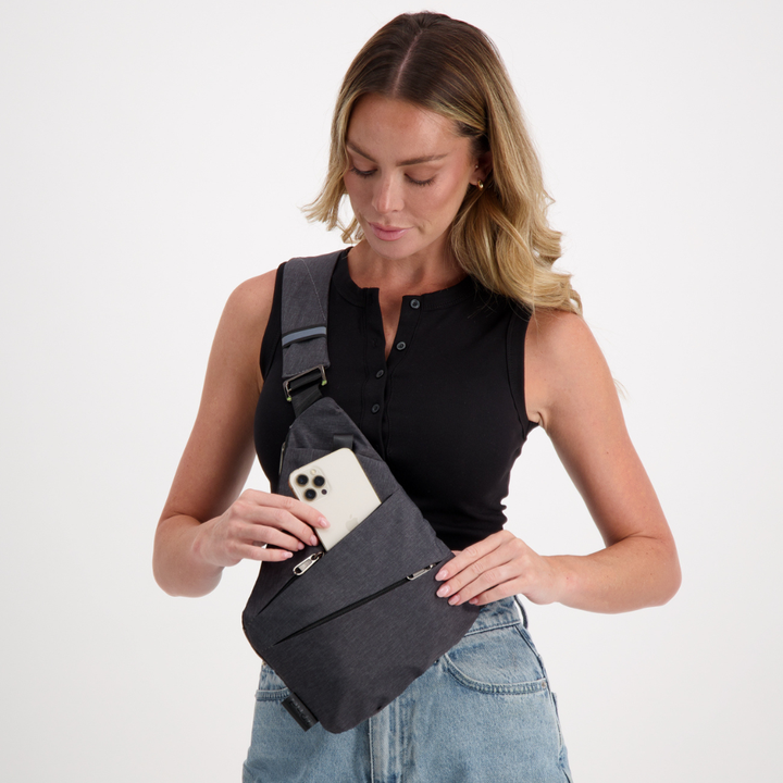 Unisex anti-theft RFID crossbody bag, multi-coloured, featuring sleek design, hidden pockets, and slash-resistant strap.