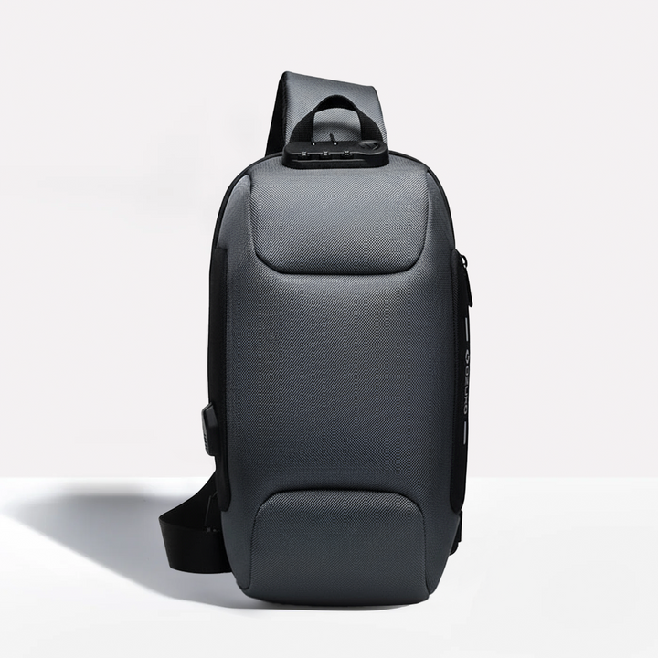 "Unisex anti-theft crossbody bag with USB charging, slash-proof strap, lockable compartment, and hardshell exterior in black.