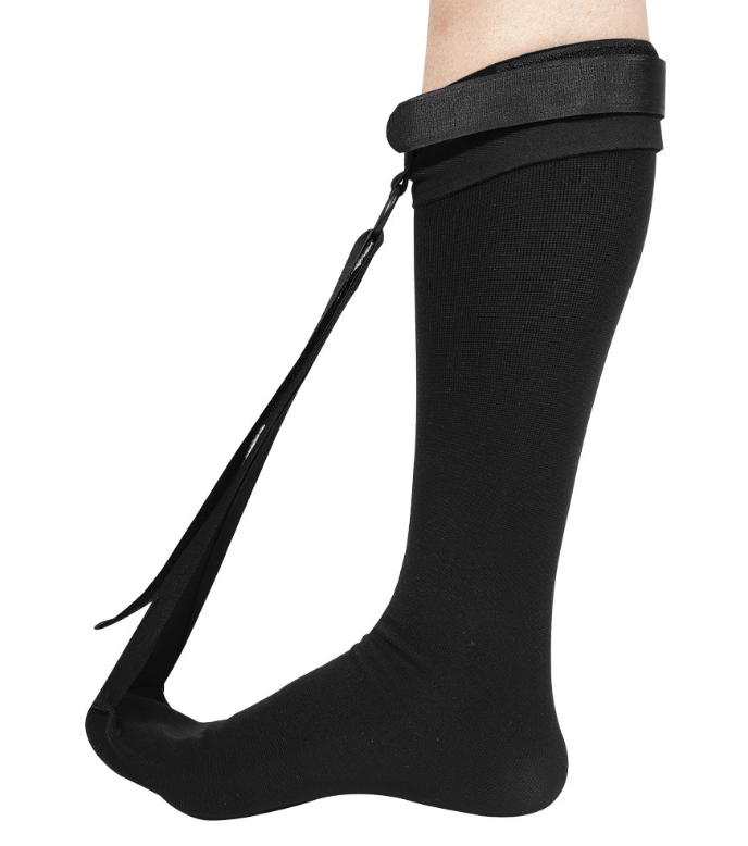 "Unisex black night splint sock for plantar fasciitis, adjustable straps, breathable fabric, health & wellness support"