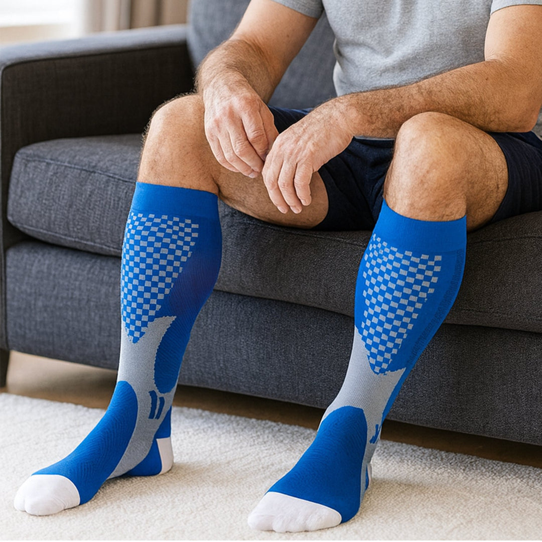 "Unisex compression socks for swelling relief, 20-30 mmHg, black color, breathable material, ideal for circulation support."