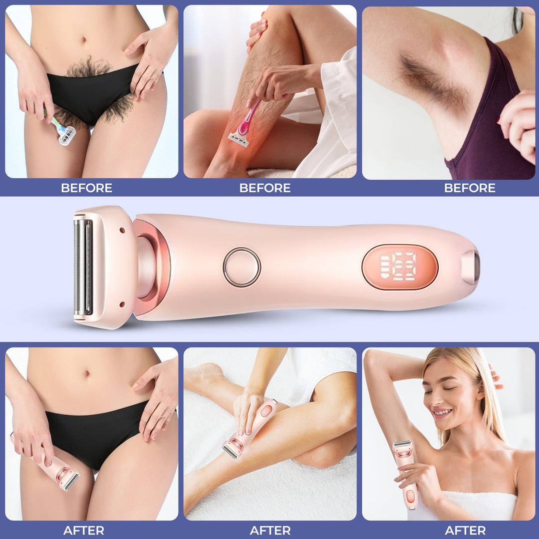 "Unisex electric portable razor for wet and dry shaving, compact design, waterproof, with straight and curved blades."