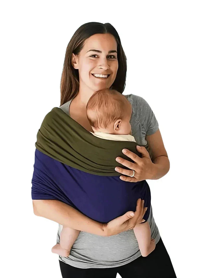 "Unisex ergonomic baby wrap carrier, grey, enveloping baby and parent comfortably for hands-free convenience."