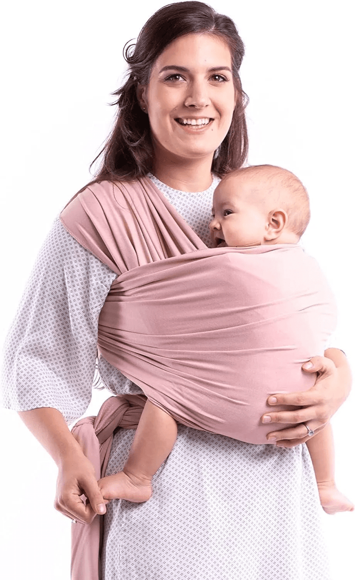 "Unisex ergonomic baby wrap carrier, grey, enveloping baby and parent comfortably for hands-free convenience."