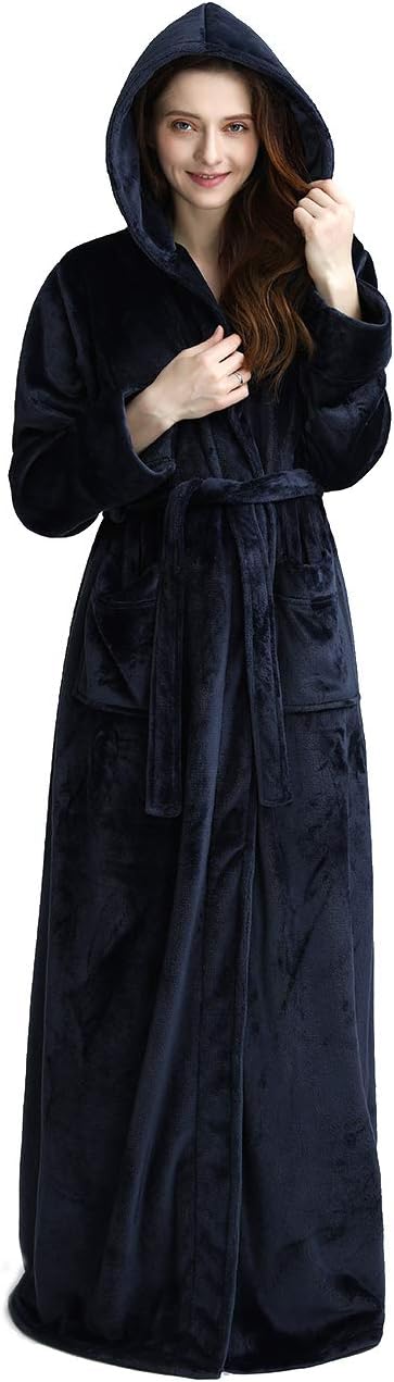 Unisex fluffy fleece bathrobe with hood in blue, cozy and soft, perfect for lounging, displaying warm comfort and luxurious s