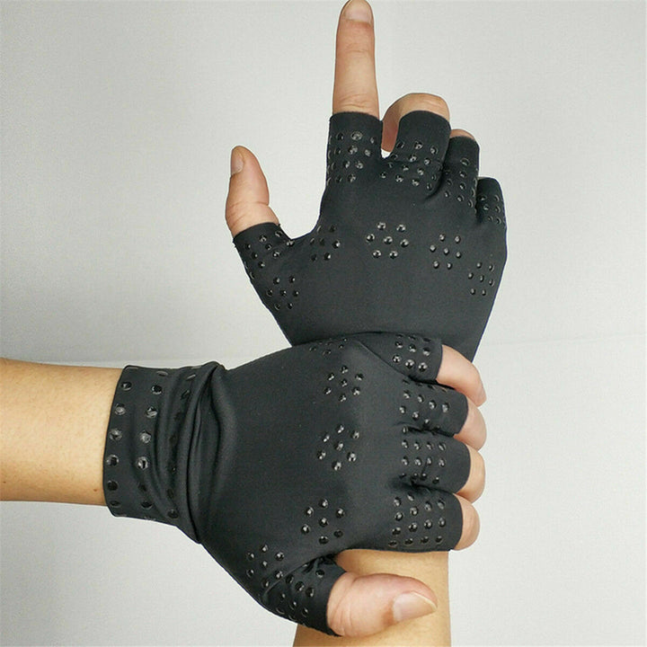 Unisex magnetic compression gloves for arthritis relief in beige, open fingertip design, promotes comfort and pain alleviatio