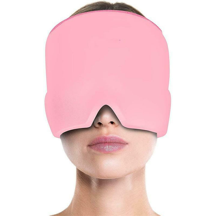 Unisex migraine relief cap in black, offers hot and cold therapy, soft fabric, covers eyes, designed for headache relief.