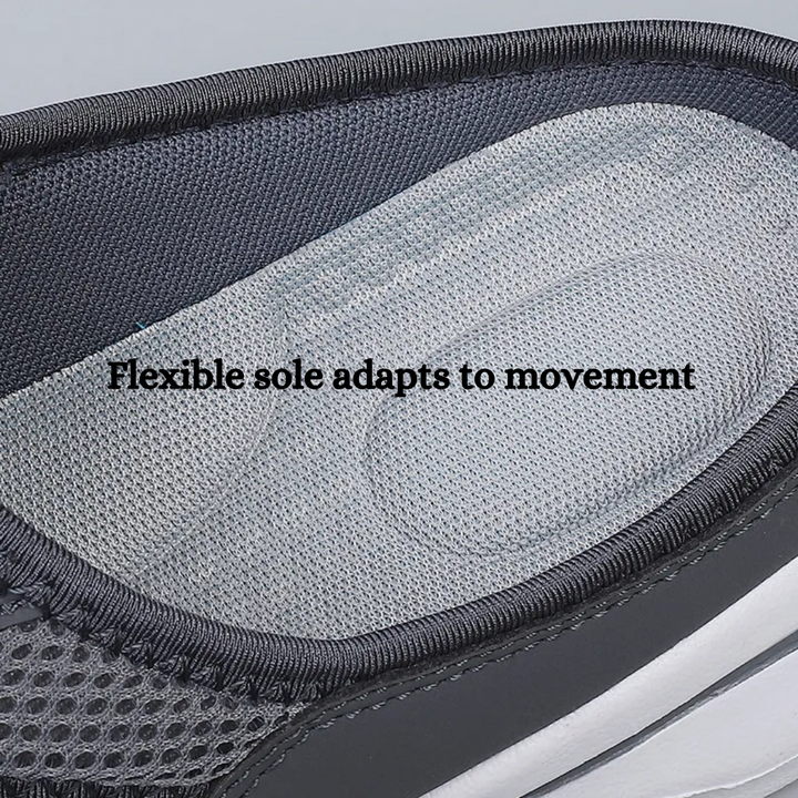 Unisex slip-on sports shoes with breathable mesh, cushioned insole, and sleek design in grey, black, blue, and brown.