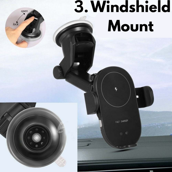 Universal 3-in-1 wireless car charger with phone mount, sleek design, fast charging, smart sensor, air vent and dashboard mou