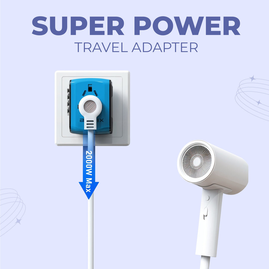 "Universal travel adapter, compact black design, with USB ports and global plug compatibility for 150+ countries."