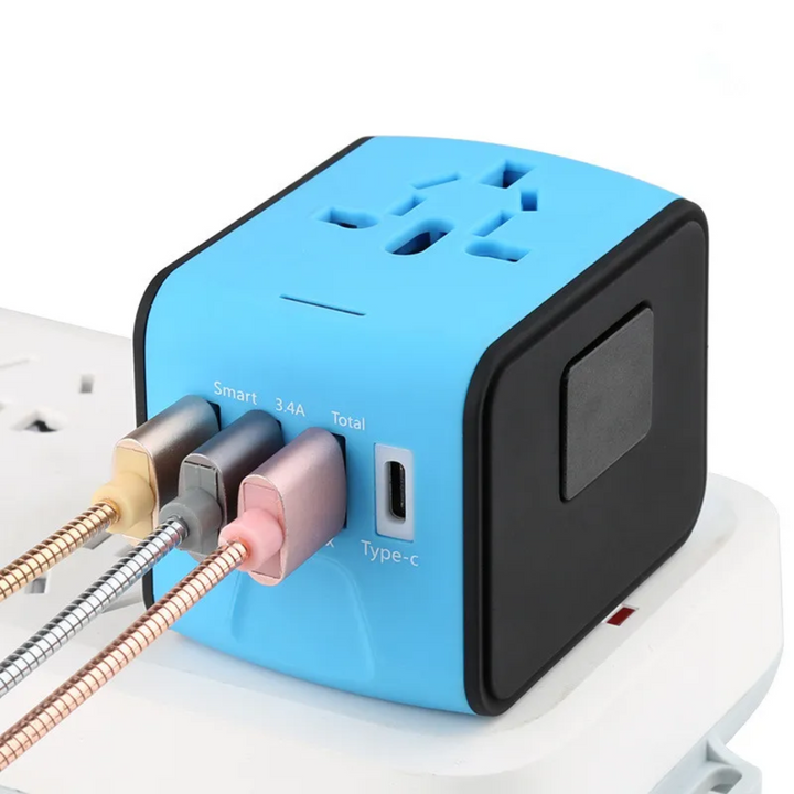 "Universal travel adapter, compact black design, with USB ports and global plug compatibility for 150+ countries."