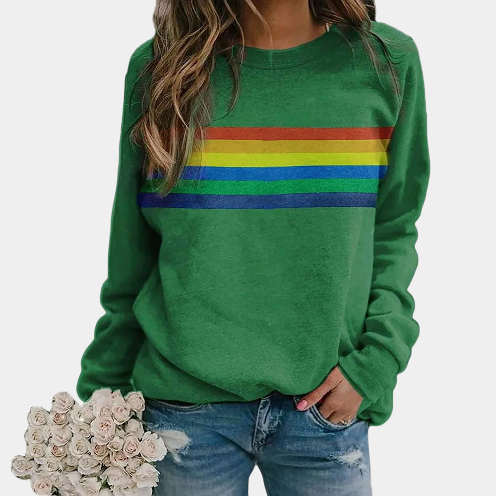 Vibrant rainbow stripe crewneck sweatshirt with colorful bands on soft fabric, perfect for cozy and stylish women’s casual we