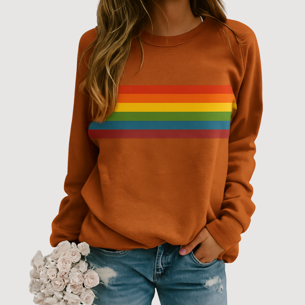 Vibrant rainbow stripe crewneck sweatshirt with colorful bands on soft fabric, perfect for cozy and stylish women’s casual we