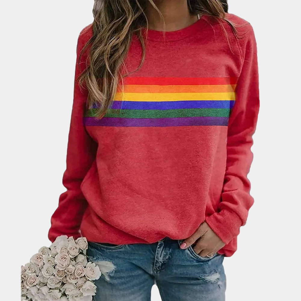 Vibrant rainbow stripe crewneck sweatshirt with colorful bands on soft fabric, perfect for cozy and stylish women’s casual we