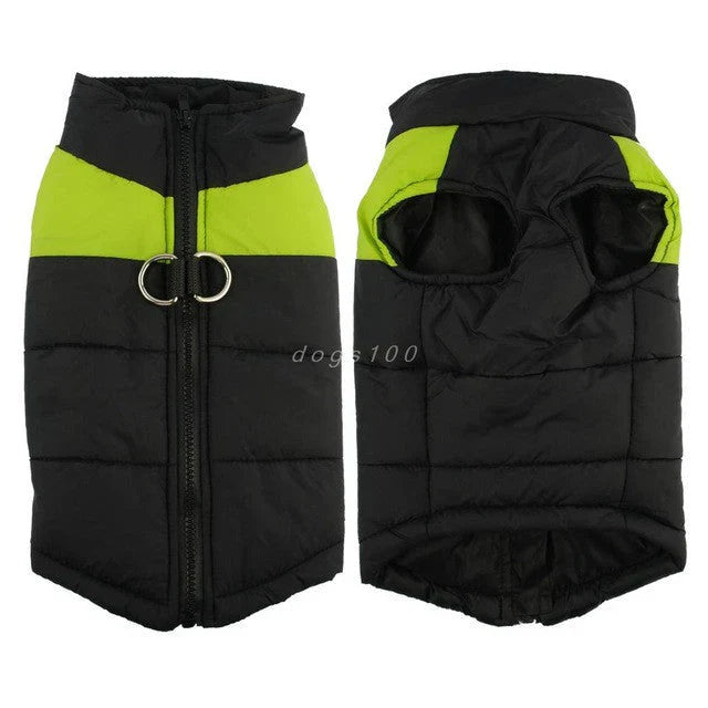 Waterproof warm pet jacket, blue with reflective elements, snug fit, ideal for cold, rainy days. Keep dogs cozy and protected