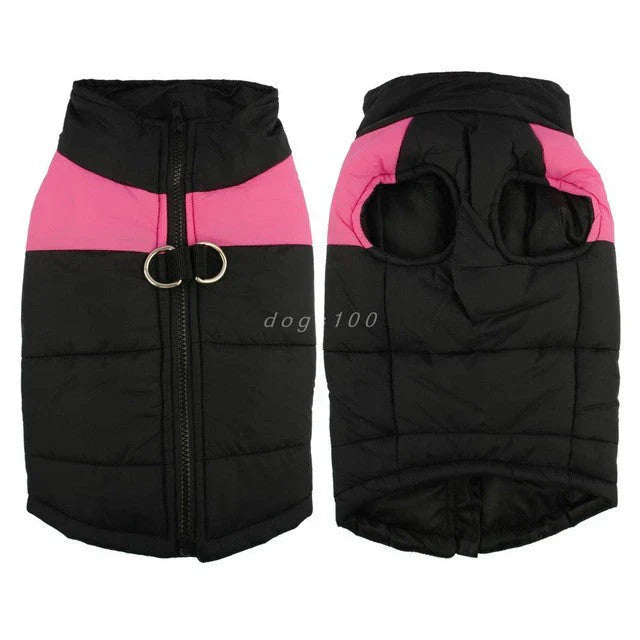 Waterproof warm pet jacket, blue with reflective elements, snug fit, ideal for cold, rainy days. Keep dogs cozy and protected