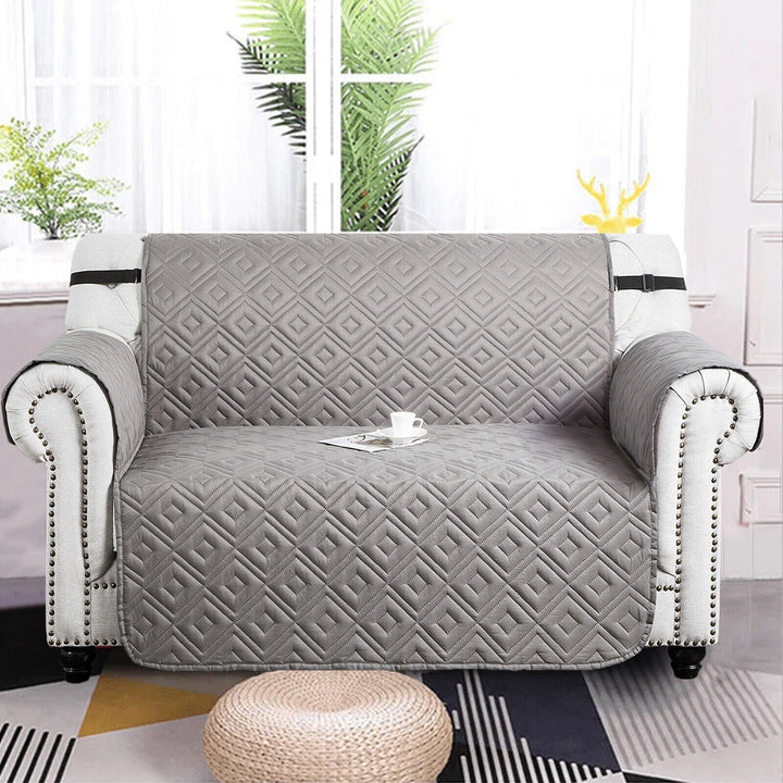 "Water-repellent non-slip reversible sofa cover protecting couch from spills and stains with pet sitting on it"