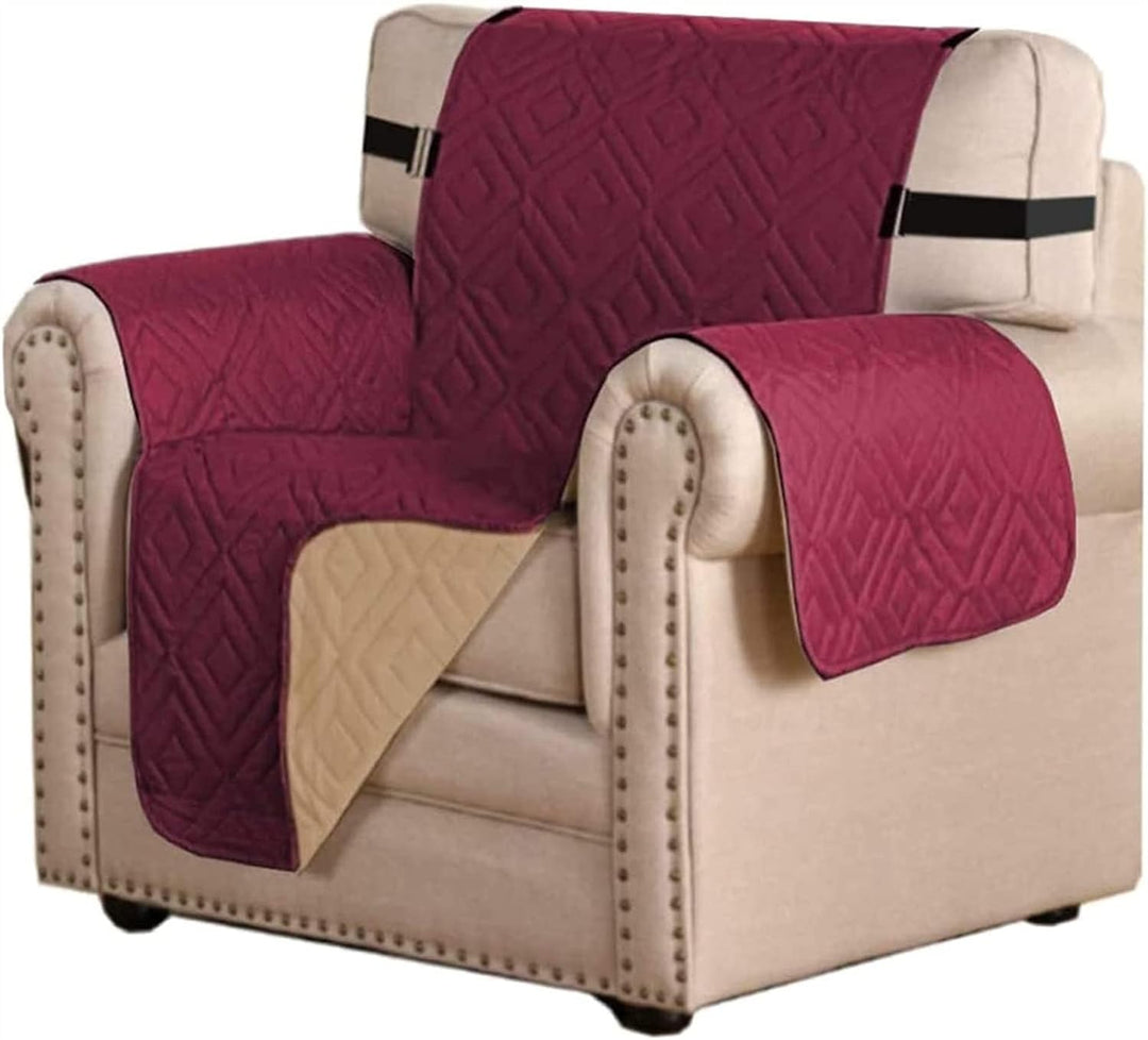 "Water-repellent non-slip reversible sofa cover protecting couch from spills and stains with pet sitting on it"