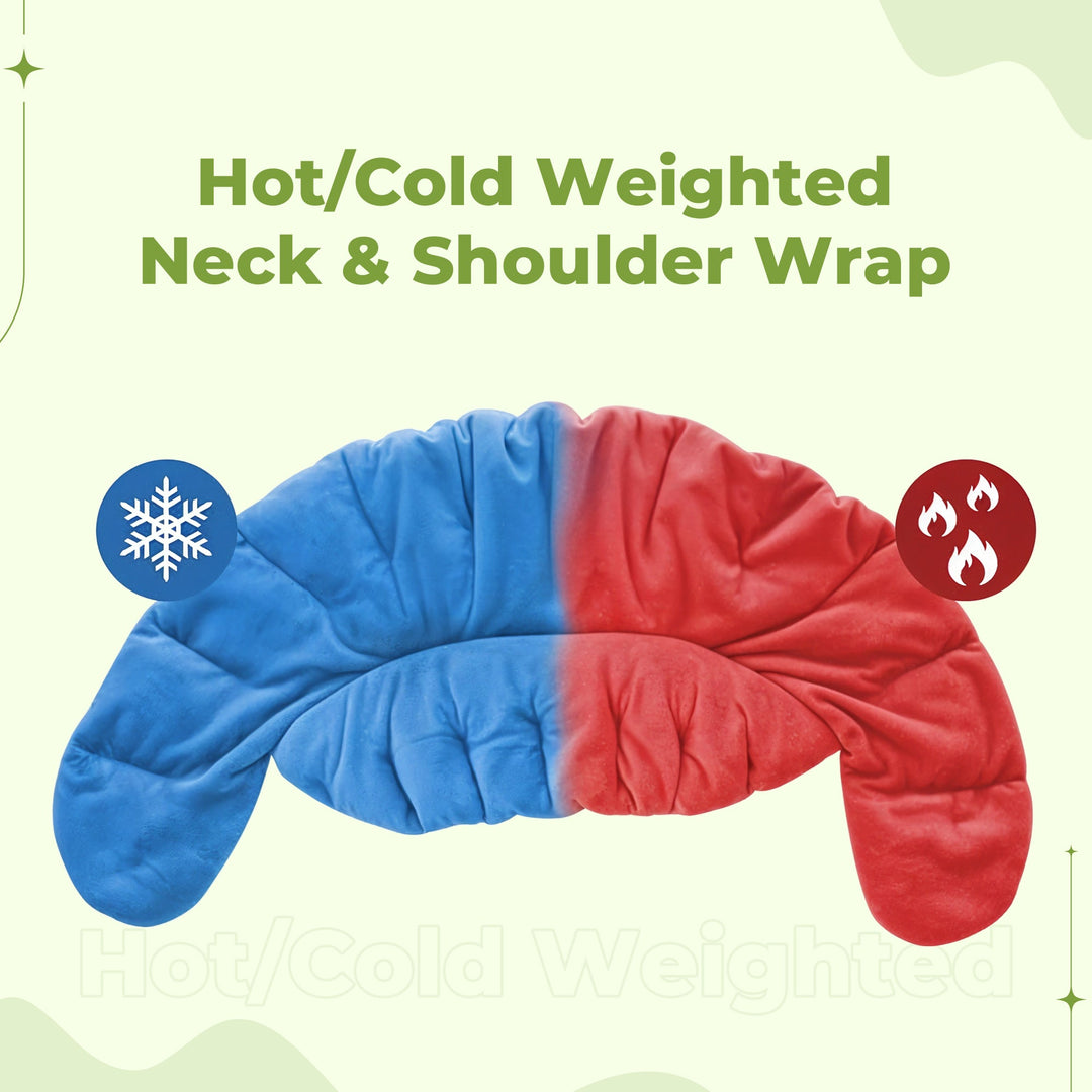 "Weighted Neck & Shoulder Wrap in beige, showing ergonomic design with even distribution for stress relief and relaxation."
