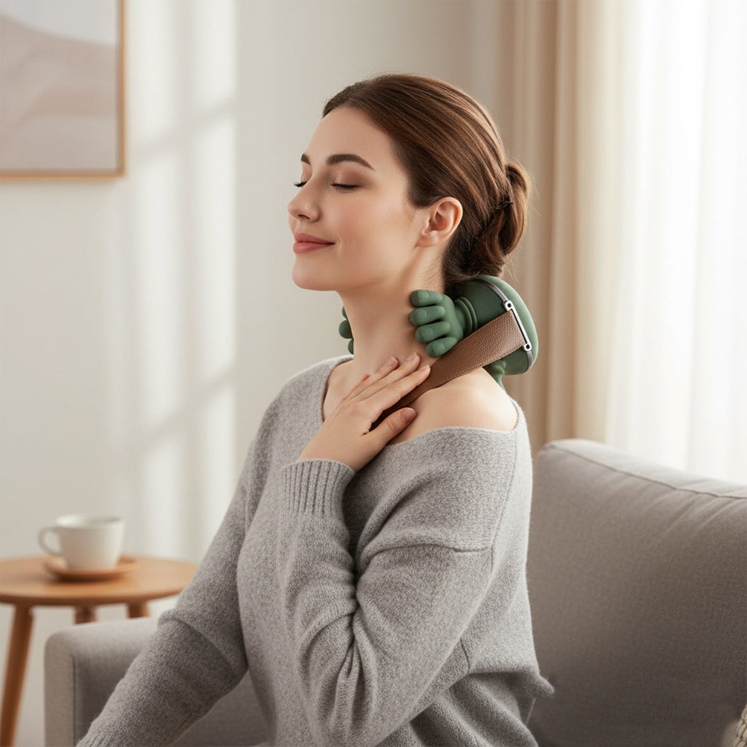 Wireless heated neck massager with 4D kneading, sleek pillow design; provides targeted neck and shoulder pain relief.