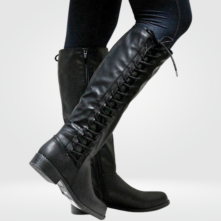 "Women's Elena high leather boots, black, sleek design with cosy lining, non-slip sole, versatile style for any outfit."