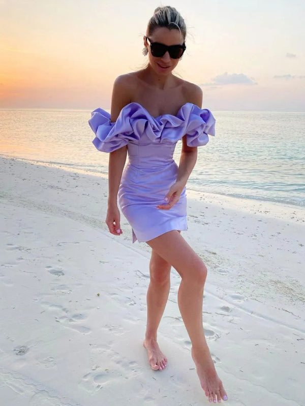 Women's Ruffled Neck Off-Shoulder Mini Dress, elegant silhouette, vibrant colors, perfect for special occasions and parties.