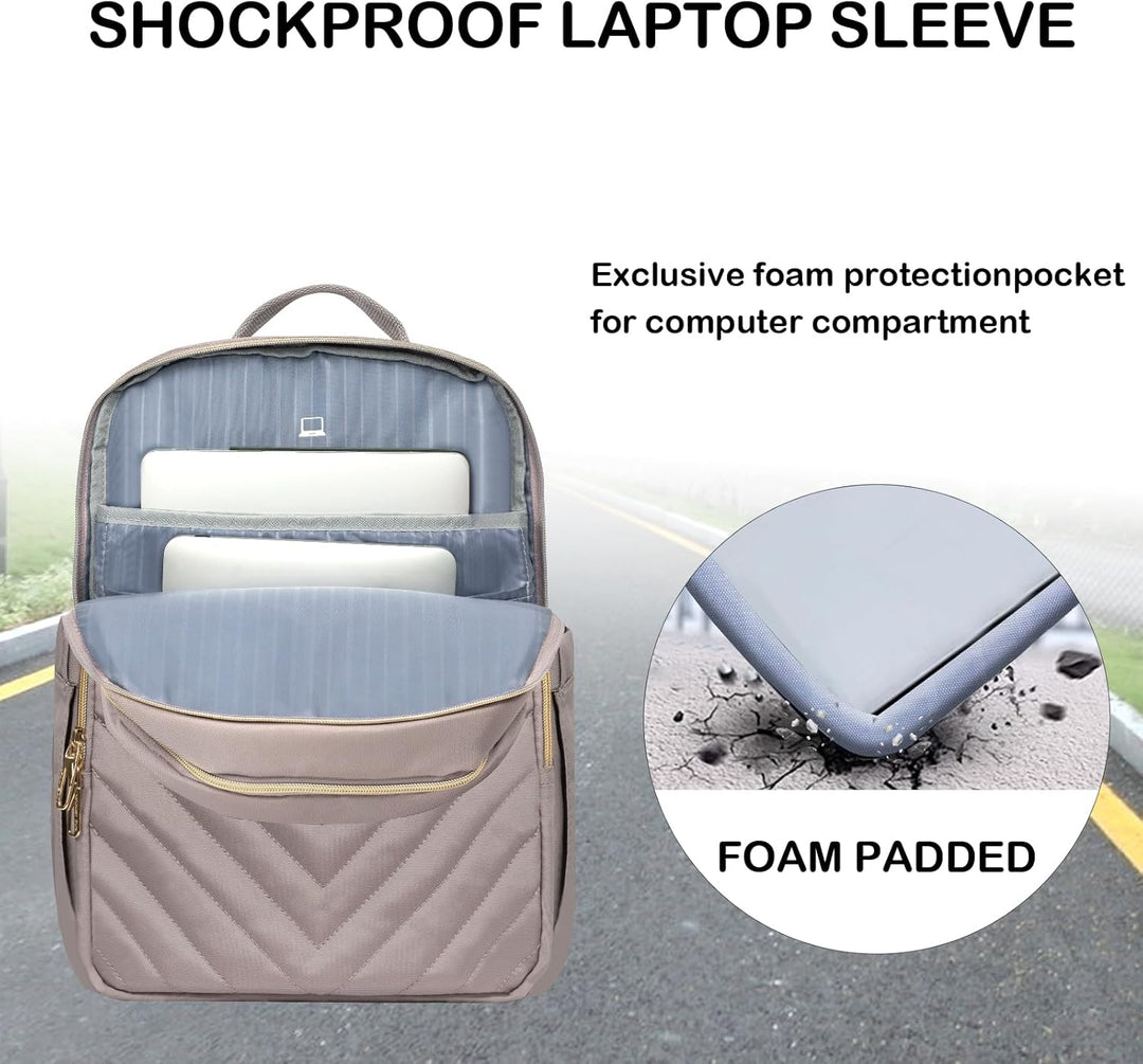 Women's Waterproof Tech Backpack in Black with USB port, sleek design, padded laptop compartment, water-repellent exterior.