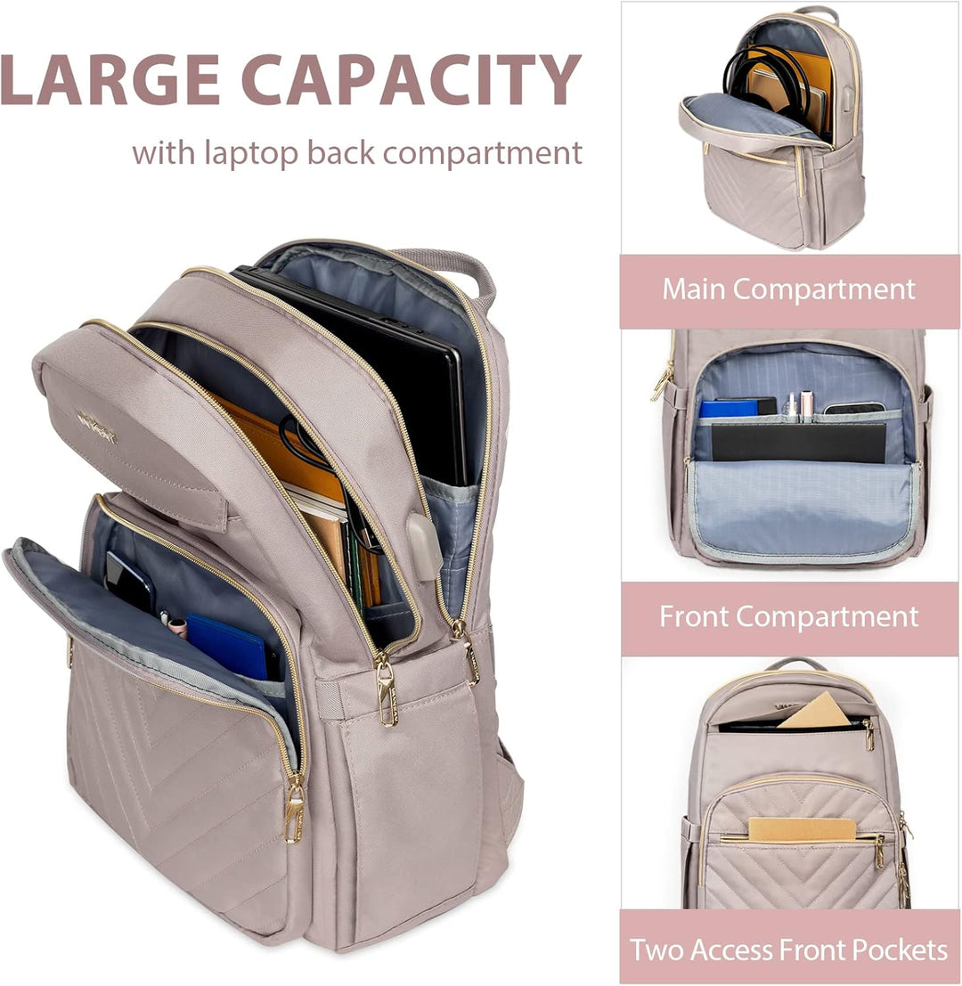 Women's Waterproof Tech Backpack in Black with USB port, sleek design, padded laptop compartment, water-repellent exterior.