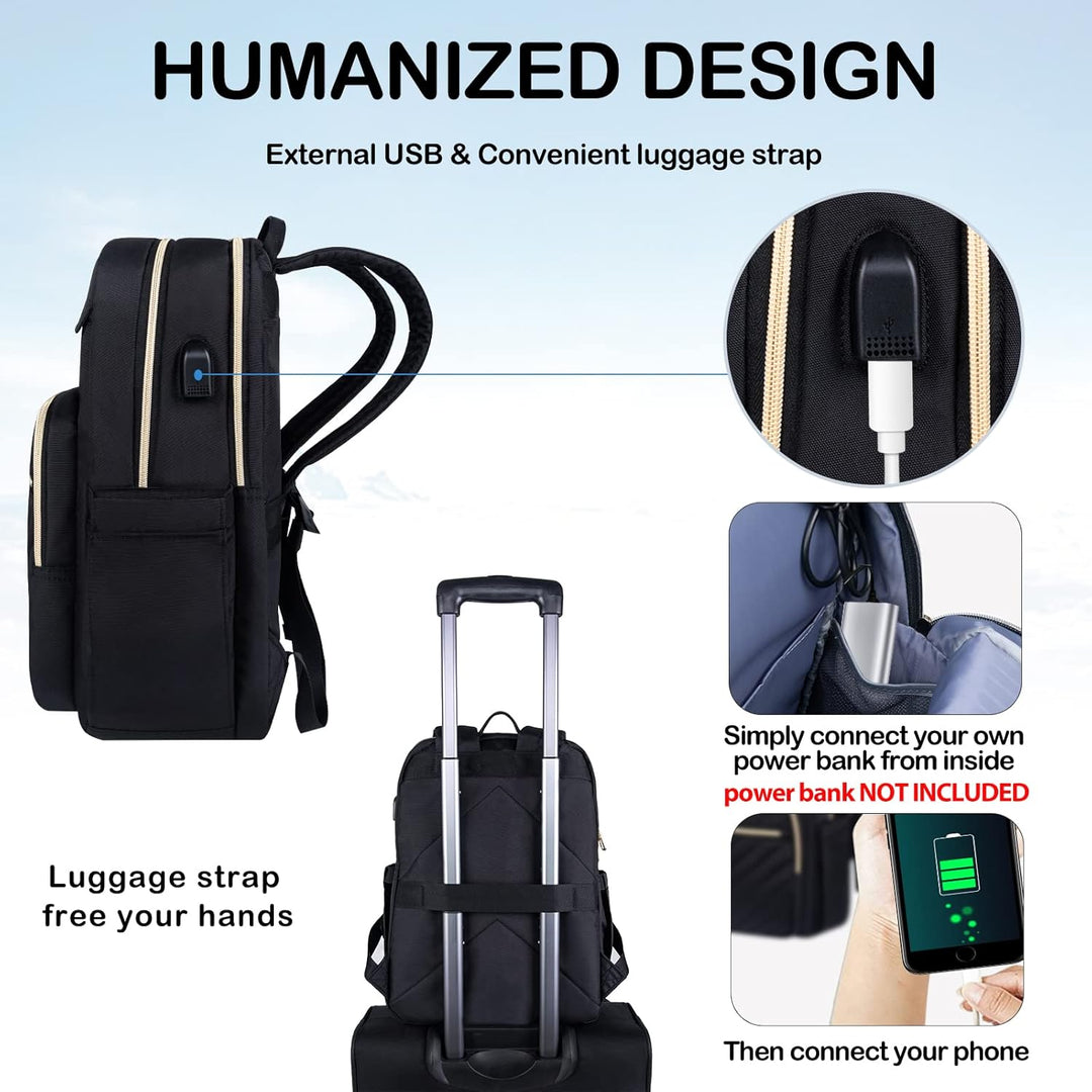 Women's Waterproof Tech Backpack in Black with USB port, sleek design, padded laptop compartment, water-repellent exterior.