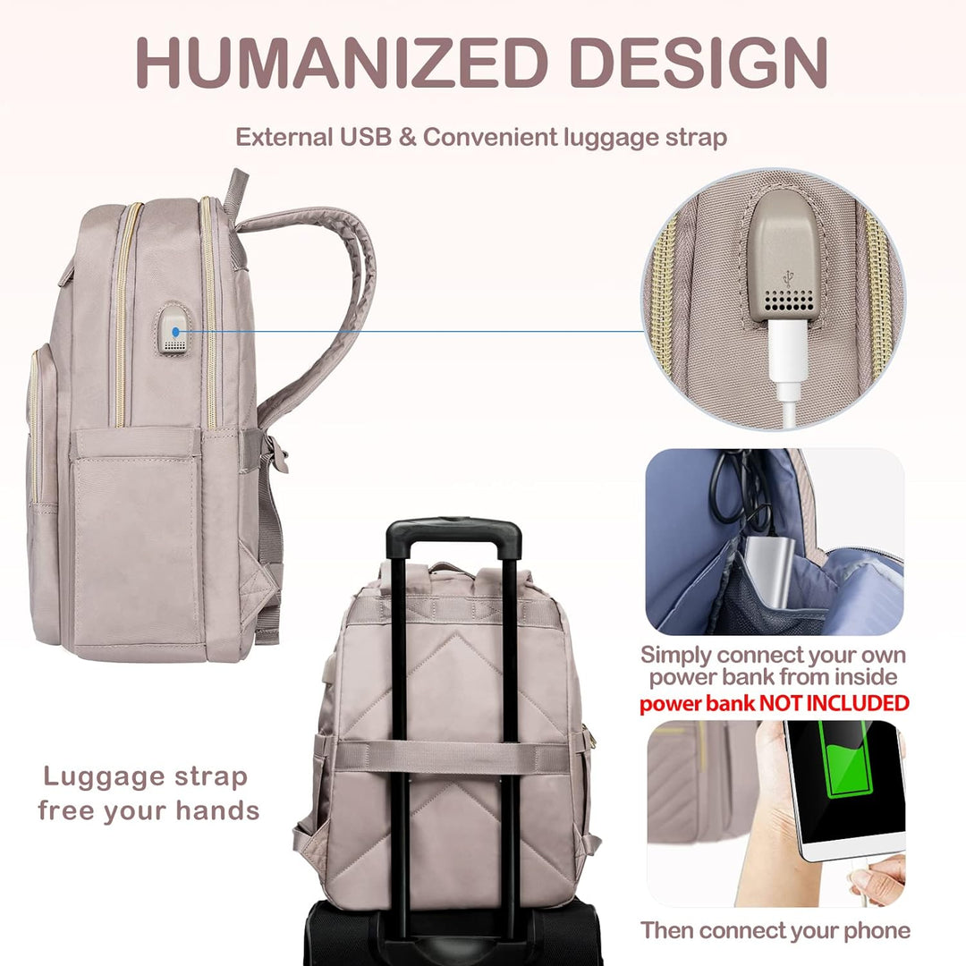 Women's Waterproof Tech Backpack in Black with USB port, sleek design, padded laptop compartment, water-repellent exterior.
