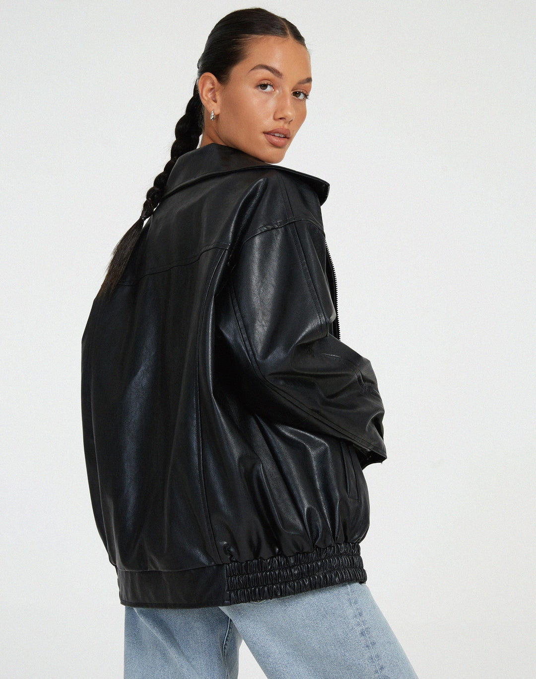 Women's classic PU leather jacket, versatile design, sleek fit, bitter chocolate color, ideal for casual stylish wear.