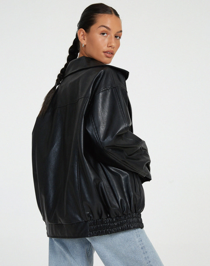 Women's classic PU leather jacket, versatile design, sleek fit, bitter chocolate color, ideal for casual stylish wear.