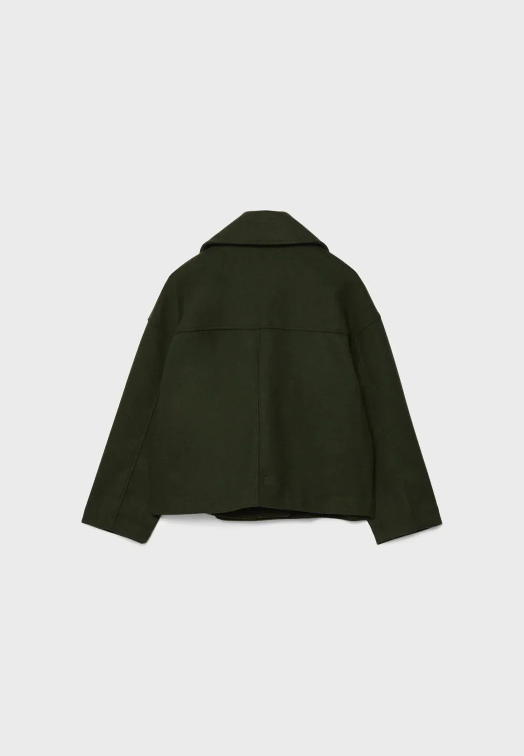 Women's double-breasted cropped jacket, front view featuring sharp lapels, structured design, and chic oversized buttons.