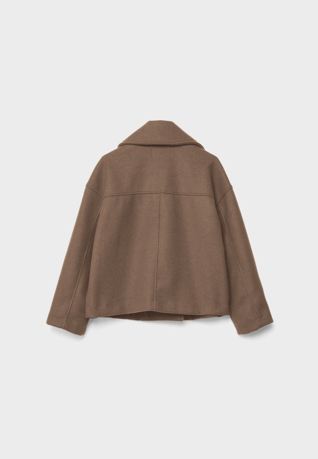 Women's double-breasted cropped jacket, front view featuring sharp lapels, structured design, and chic oversized buttons.
