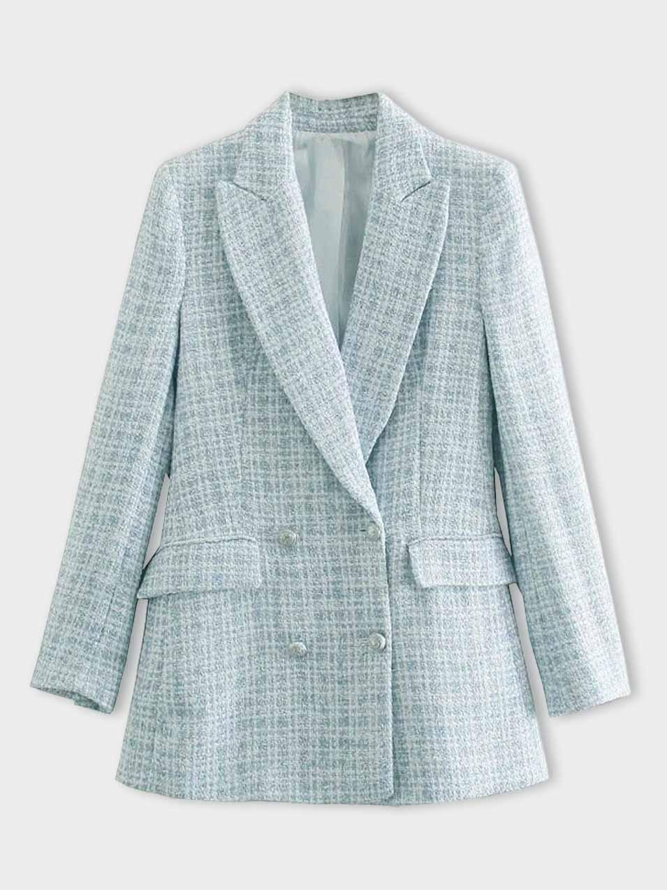 Women's fashionable light blue tweed blazer, front view. Tailored fit, elegant design, classic silhouette for versatile wear.