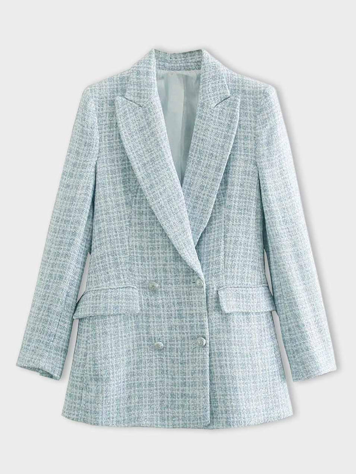 Women's fashionable light blue tweed blazer, front view. Tailored fit, elegant design, classic silhouette for versatile wear.