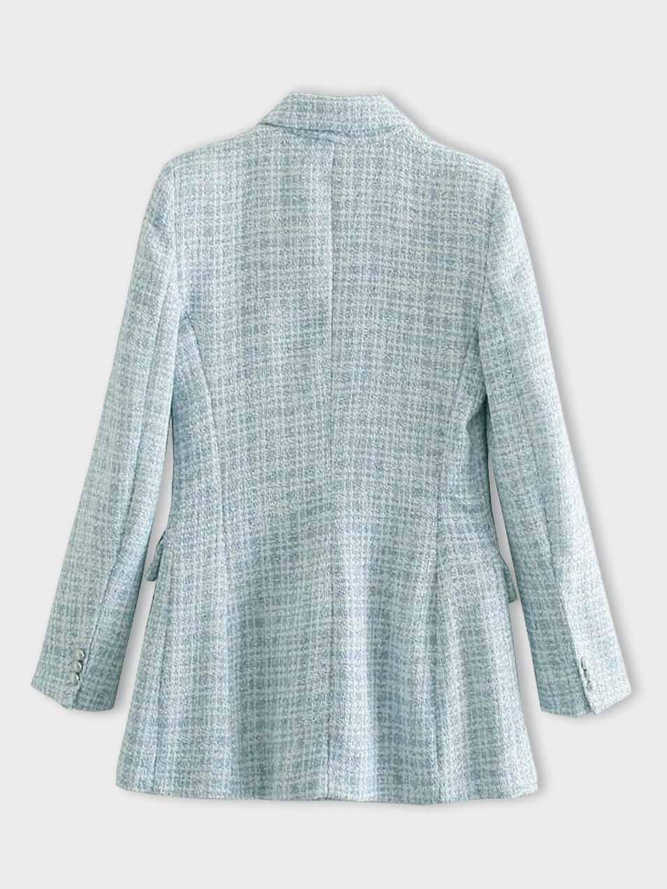 Women's fashionable light blue tweed blazer, front view. Tailored fit, elegant design, classic silhouette for versatile wear.