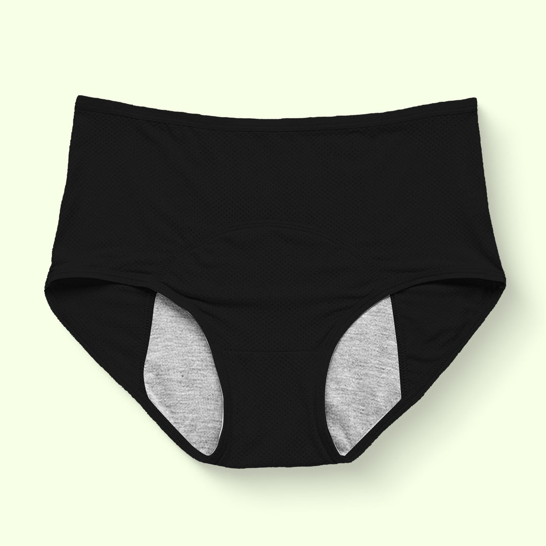 "Women's leakproof high waisted panties, black, seamless, offers incontinence protection with a slim, snug fit."