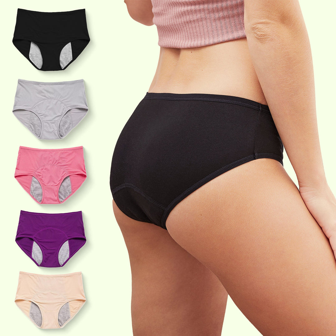 "Women's leakproof high waisted panties, black, seamless, offers incontinence protection with a slim, snug fit."