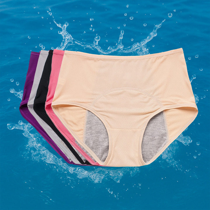 "Women's leakproof high waisted panties, black, seamless, offers incontinence protection with a slim, snug fit."