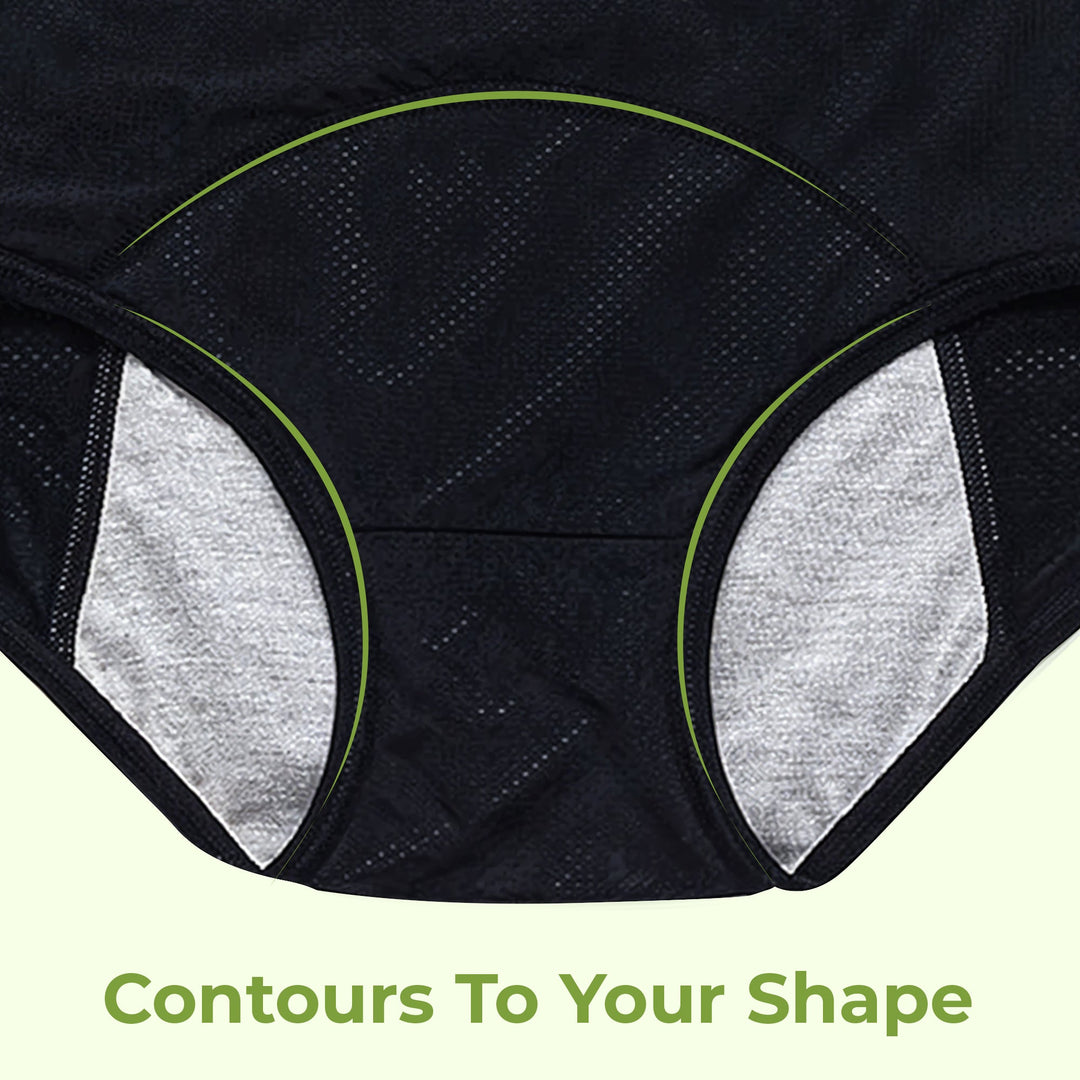 "Women's leakproof high waisted panties, black, seamless, offers incontinence protection with a slim, snug fit."