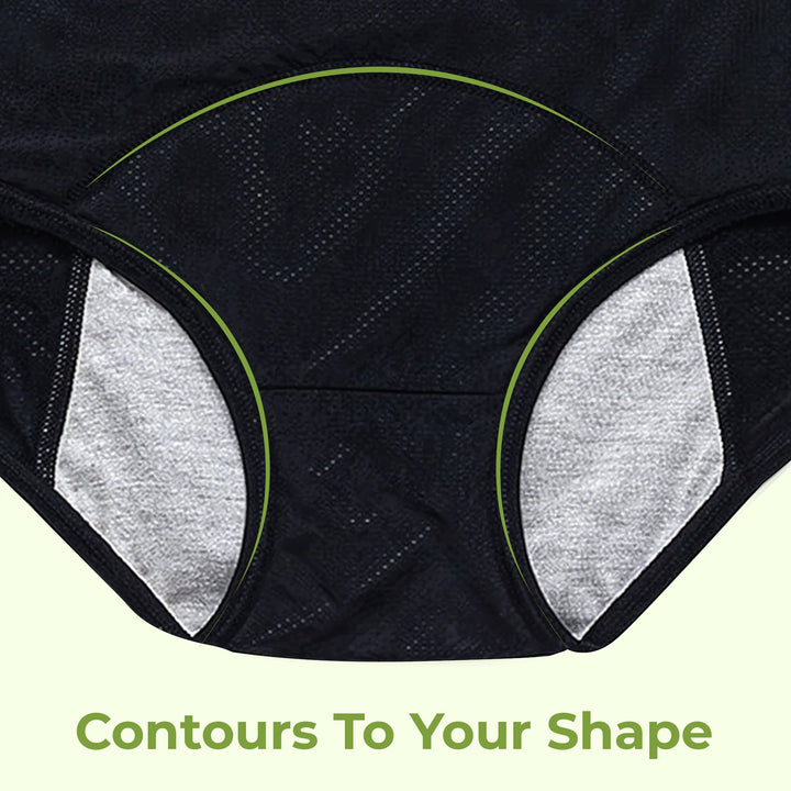 "Women's leakproof high waisted panties, black, seamless, offers incontinence protection with a slim, snug fit."