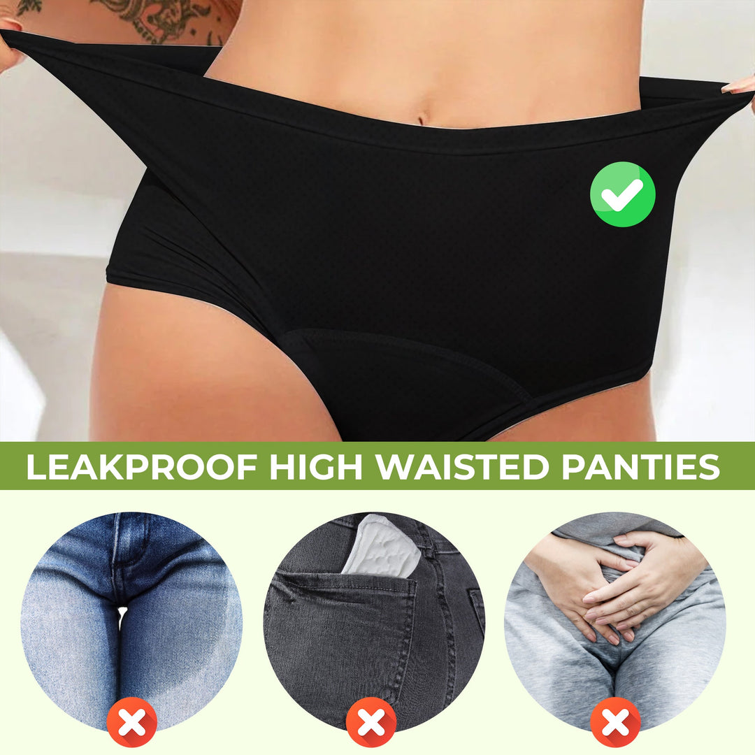 "Women's leakproof high waisted panties, black, seamless, offers incontinence protection with a slim, snug fit."