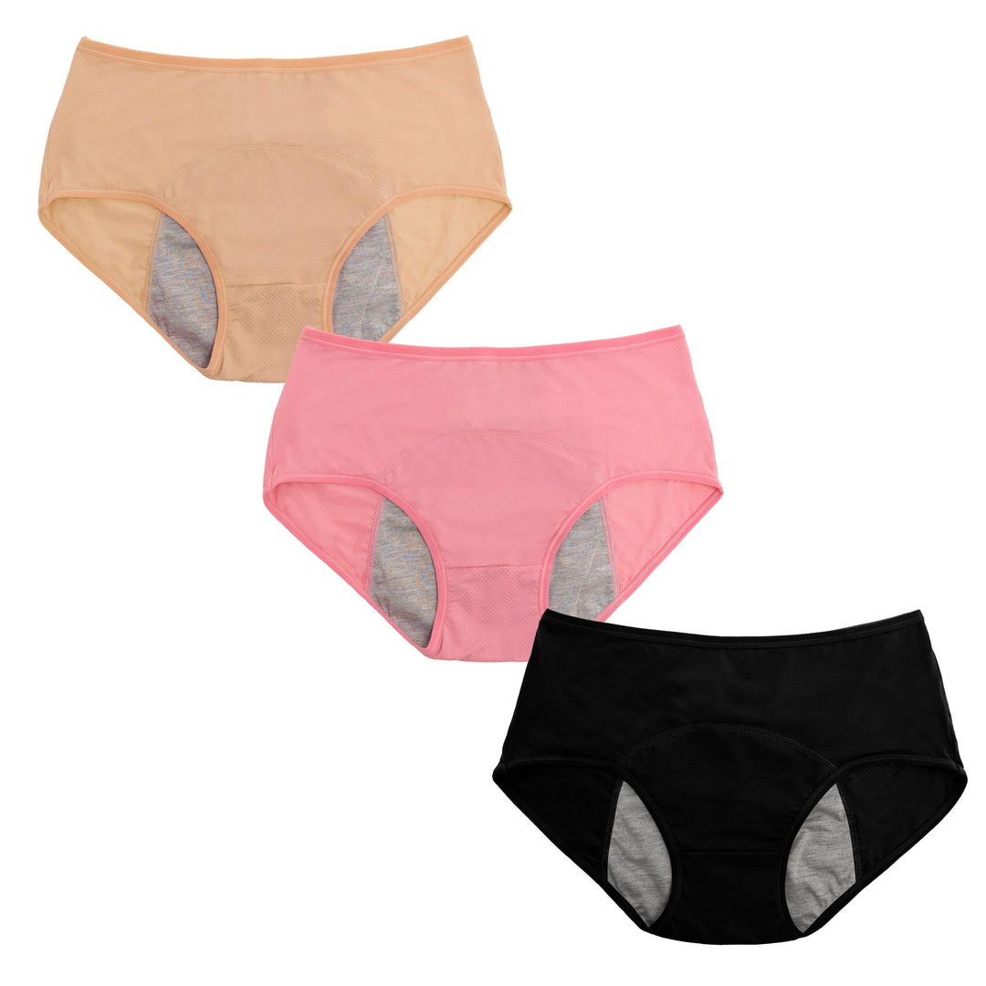 "Women's leakproof panties 3-pack with moisture-wicking, odor-reducing fabric and elastic waistband for comfort and protectio