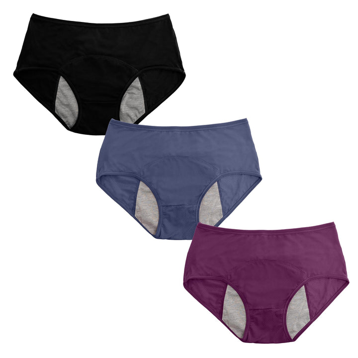 "Women's leakproof panties 3-pack with moisture-wicking, odor-reducing fabric and elastic waistband for comfort and protectio