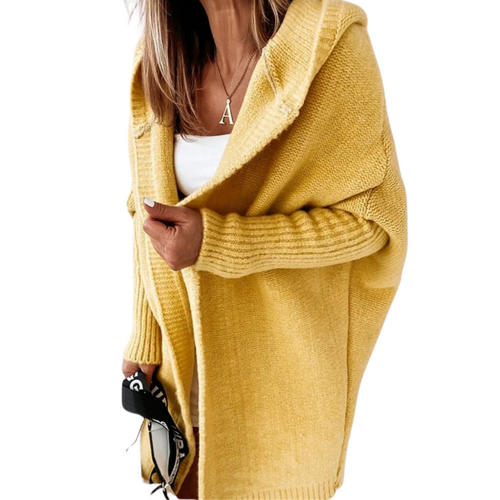 Women's mid-length cardigan with colourful stitching, elegant design, front view, ideal for spring, versatile layering.
